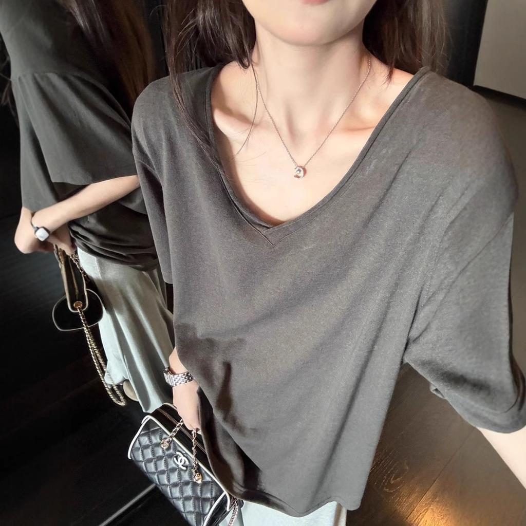 Slack Snowflake Texture Curled V-neck Short-sleeved T-shirt Women's Summer New Lazy Wind Versatile Thin Top