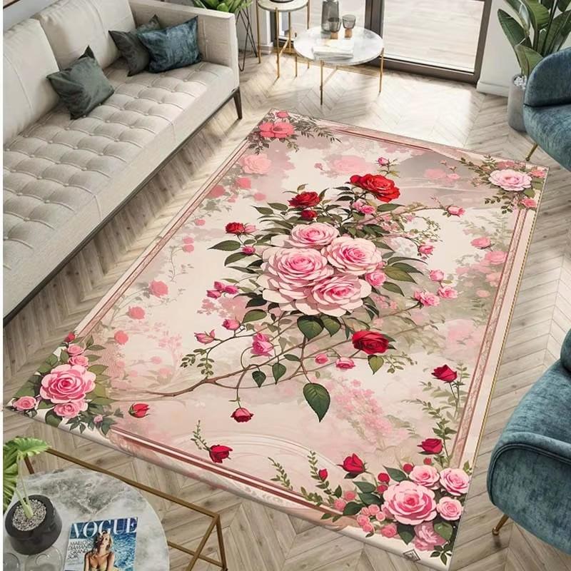 Luxuriöser Vintage-Blumendruck Bereichsteppich Rutschfest Maschinenwaschbar Fußmatte für Wohnzimmer Schlafzimmer Büro Dekor Waschbarer Teppich