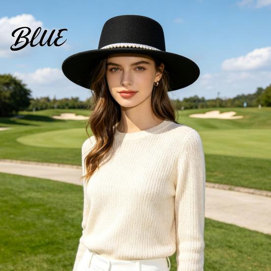 Wedding Guest Fashion Hat Wide Brim Wool Felt for Women Vintage Flat Top Fedora Classic Cap with Faux Pearl Trim Elegant Winter Autumn Accessories