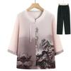 Ținută din 2 piese pentru femei în vârstă, Bluză cu imprimeu peisaj chinezesc și pantaloni, Elegant set cu top cu mânecă 3/4 și pantaloni cu croială dreaptă