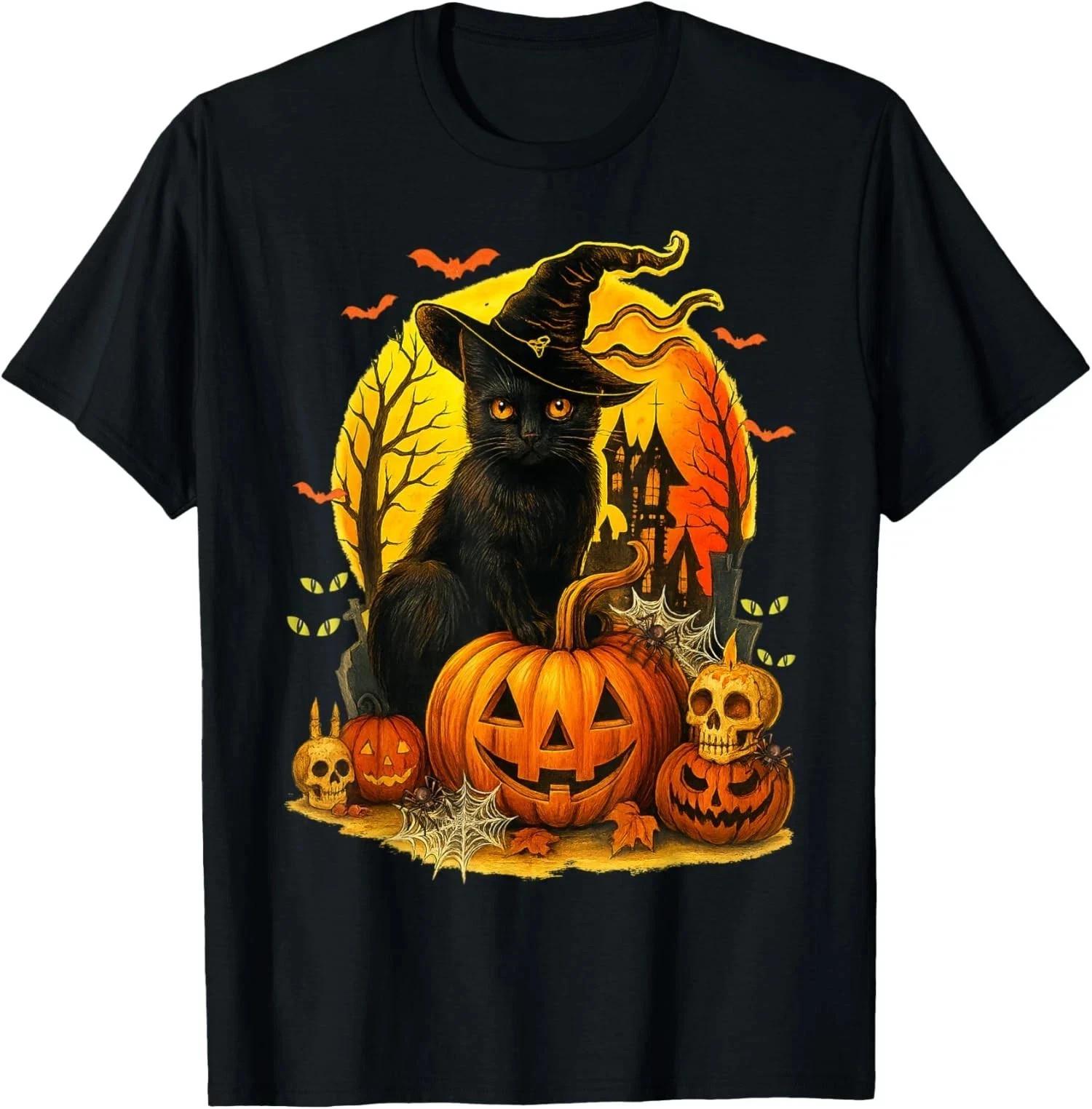 Retro Halloween Black Cat Witch and Pumpkin Unisex T-Shirt S-5XL XXL