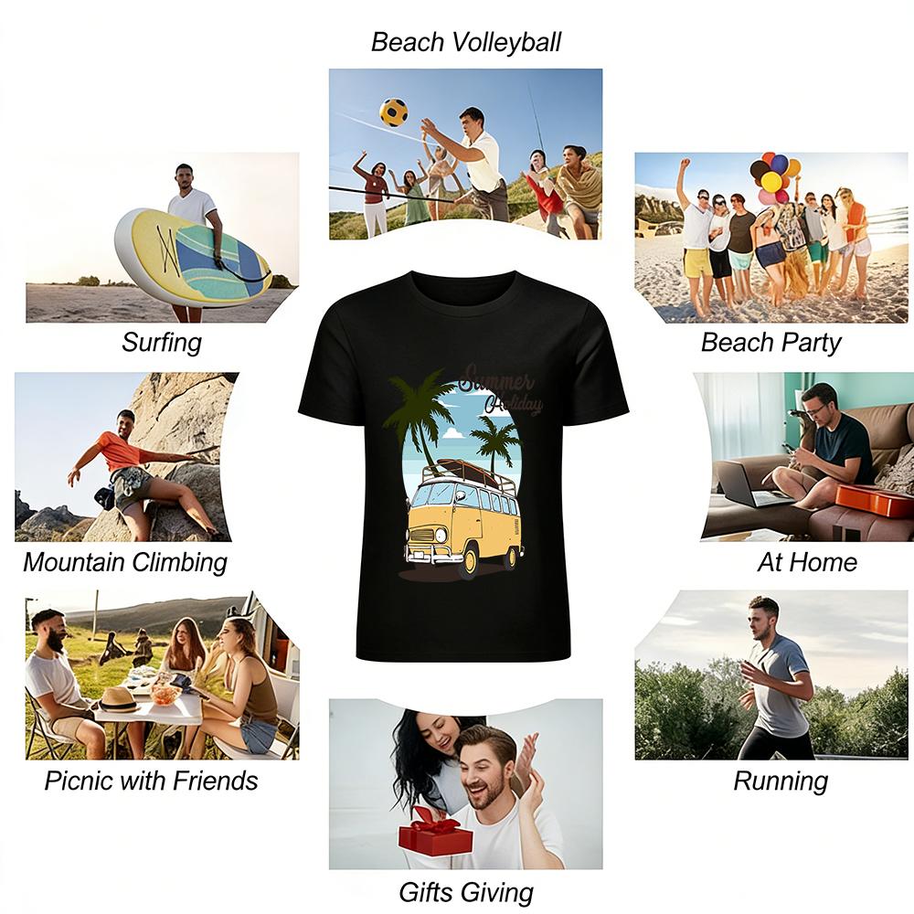 Vintage Summer Holiday Surf Bus Coconut Tree Print Casual Tee Pure Cotton T-shirt