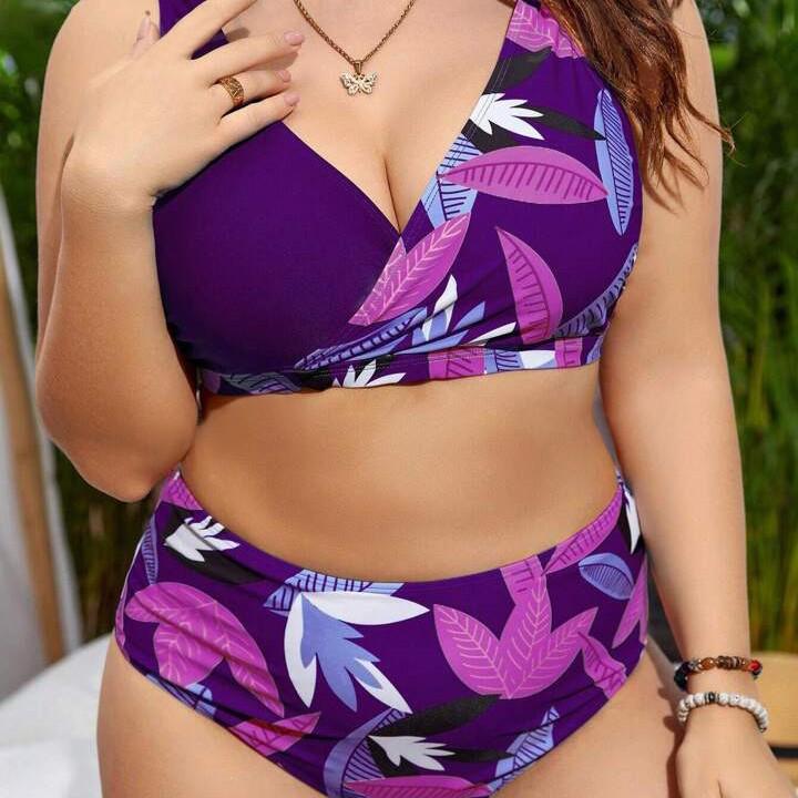 Plus Size Fashionable Sexy Floral Print Push-Up Bikini Set Swimsuit