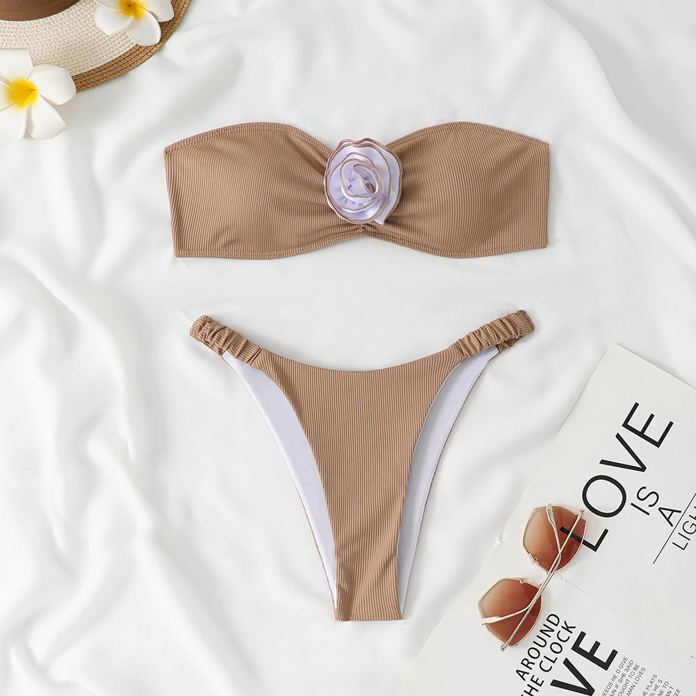 1011 European and American New Sexy Solid Color Tube Top Flower Three-point Bikini Bikini