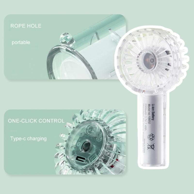 Mini Transparent Handheld Fan Adjustable 3 Speed 2000mAh USB Rechargeable Battery for Travel Outdoor Camping