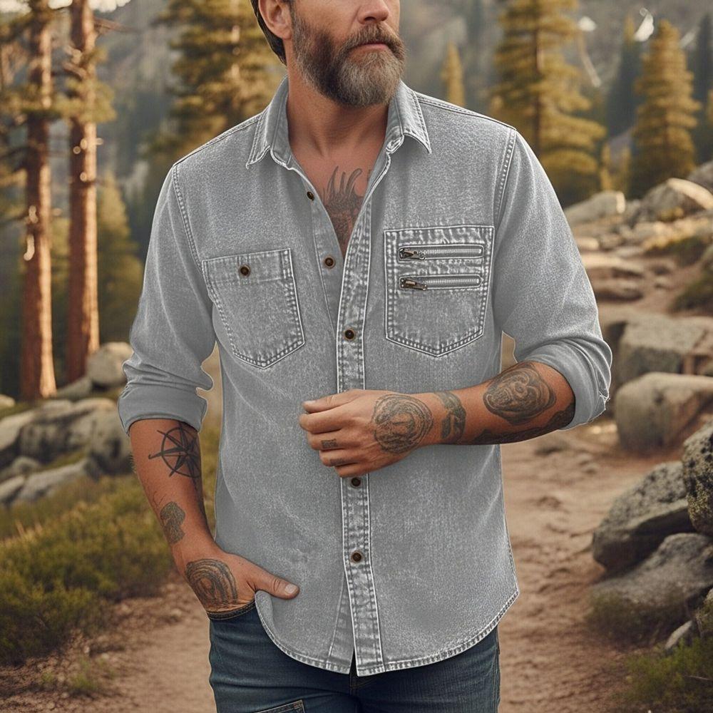 Men's Casual Workwear Denim Shirt Solid Color Washed Button Up Long Sleeve Shirt with Dual Chest Pockets