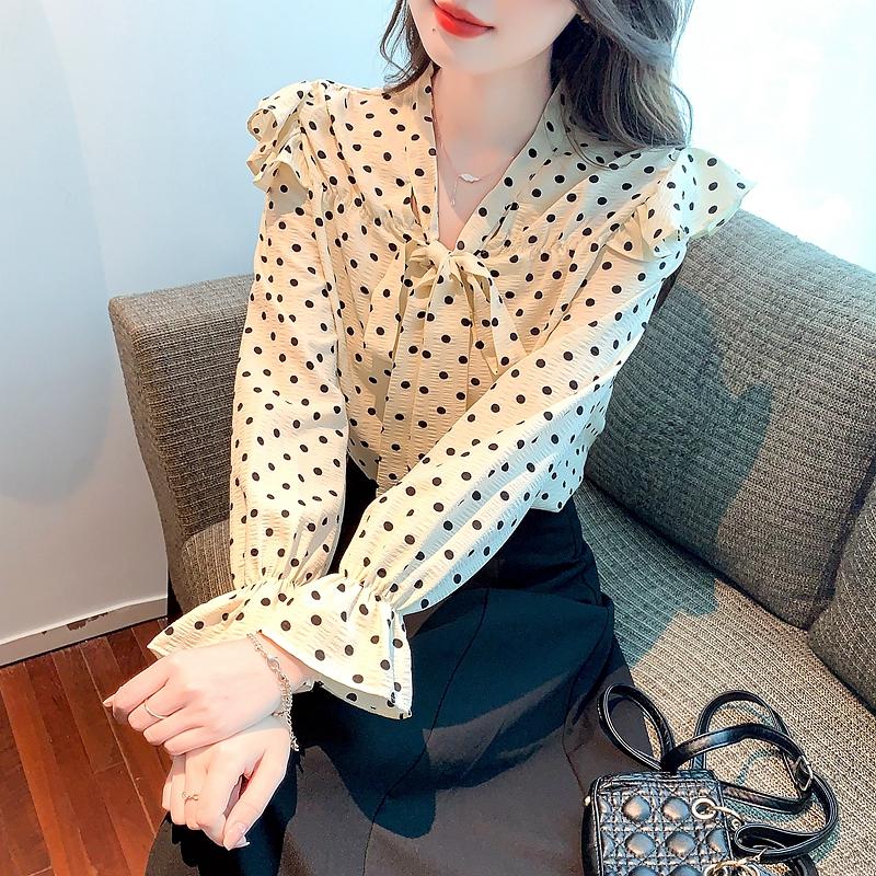 Fashion New 2024 Autumn Long Sleeve Bow Collar Casual Ruffles Dot Chiffon Blouse Shirt Women Tops Blouses Shirts J565