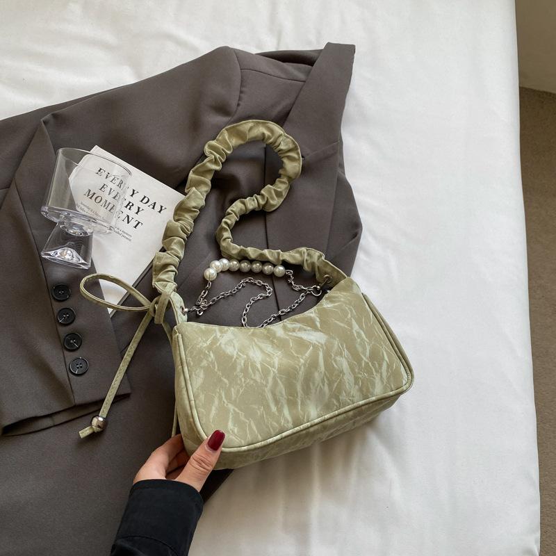 High-Value Pleated Underarm Bag Women'S Summer Shoulder Messenger Bag Fashion Pearl Chain Baguette Bag