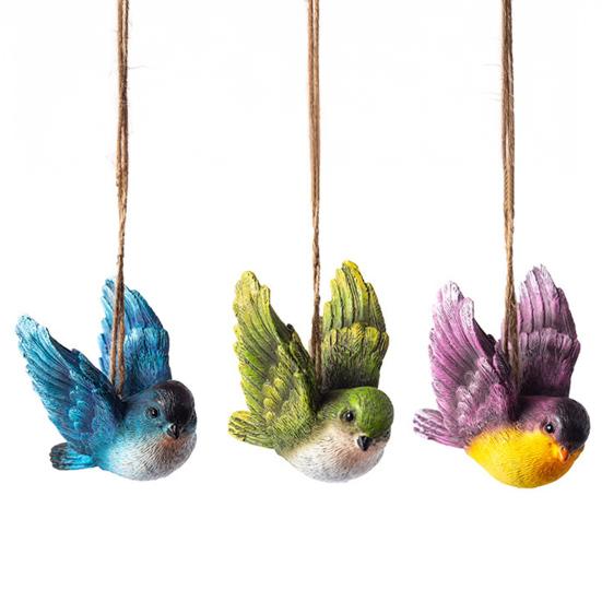 Balcony Bird Decor 3Pcs Resin Hanging Ornament, Hand-Painted Figurine with Jute String, Weather Resistant Garden Accents Weatherproof Outdoor