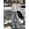 American Retro Blue Ripped Niche Design Wide Leg Denim Female High Waist Loose and Slimming Scratch Straight-Leg Pants Summer