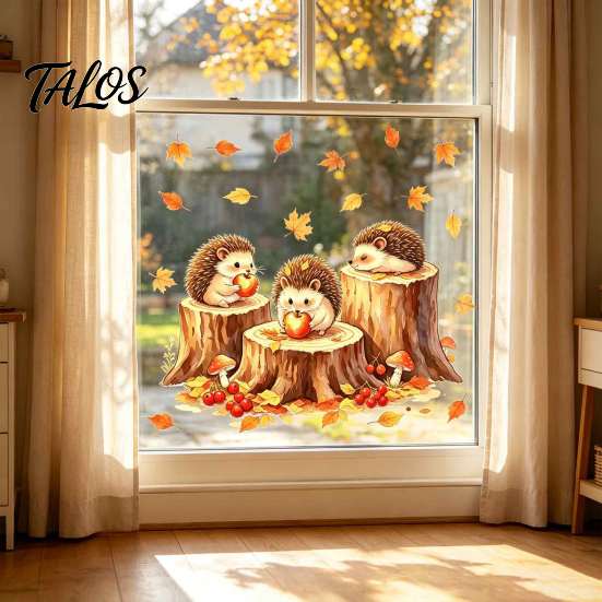 Harvest Theme Party Supplies Little Hedgehog Tree Stump Static Sticker, Watercolor Decorative Window Glass Stickers Decal, Reusable PVC Cling