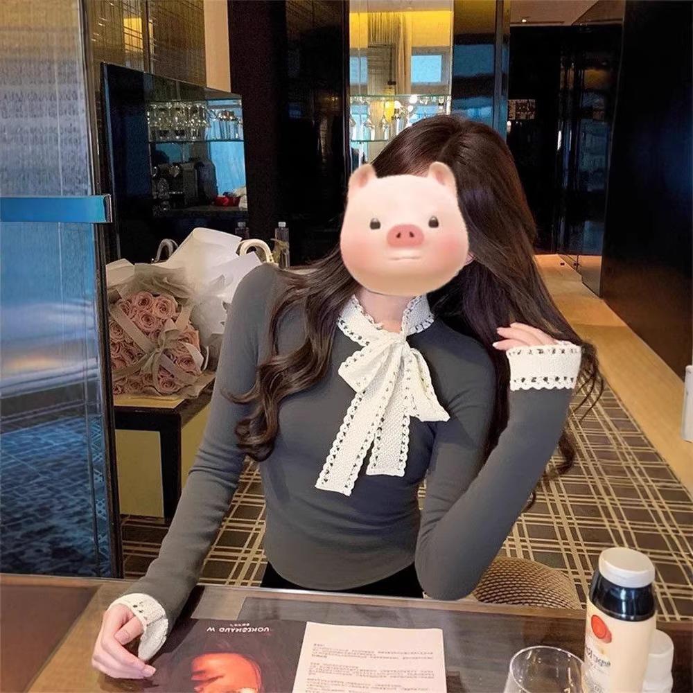 Women s Slimming Long Sleeve Lace Bow T-Shirt - Autumn Winter Style Medium серый