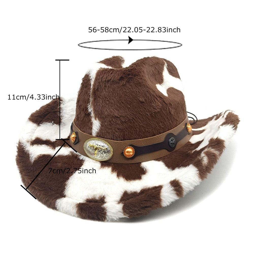 Metal Badge Faux Fur Hat Windproof Cowgirl Hat Vintage Western Cowboy Hat  Winter Wear