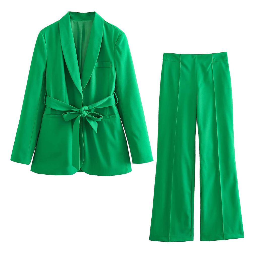 Büro Dame Weiß Blazer Anzüge Frauen Langarm V-ausschnitt Schärpen Blazer Hohe Taille Breite Bein Lange