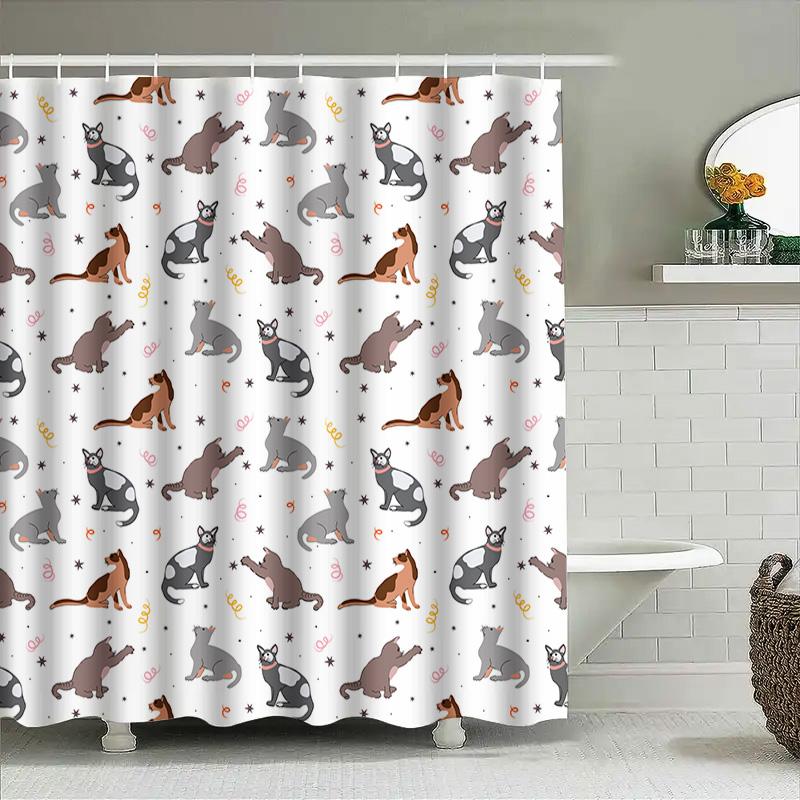 Whimsical Cat Pattern Shower Curtain Multicolored Feline Print For Bathroom Decorations With Hooks Included In White