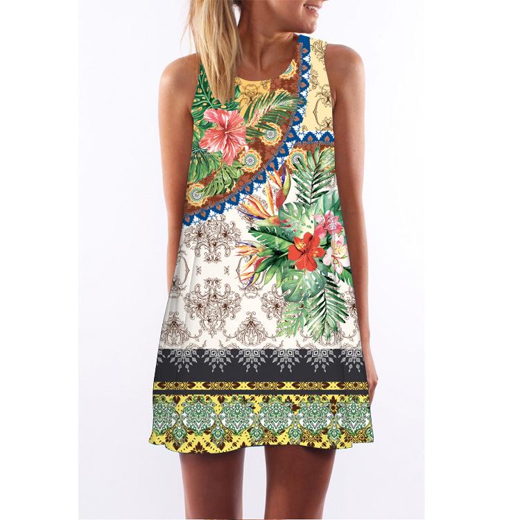 European Station European and American New Retro Digital Printing Round Neck Hot-selling Off-the-shoulder Medium and Long Vest Dress