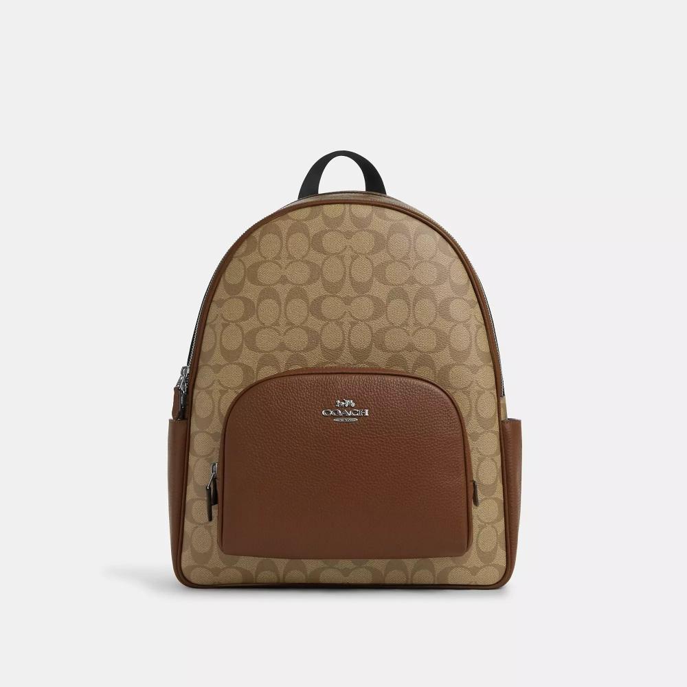 

Большой рюкзак Coach Court из парусины Signature седло серебристого цвета хаки