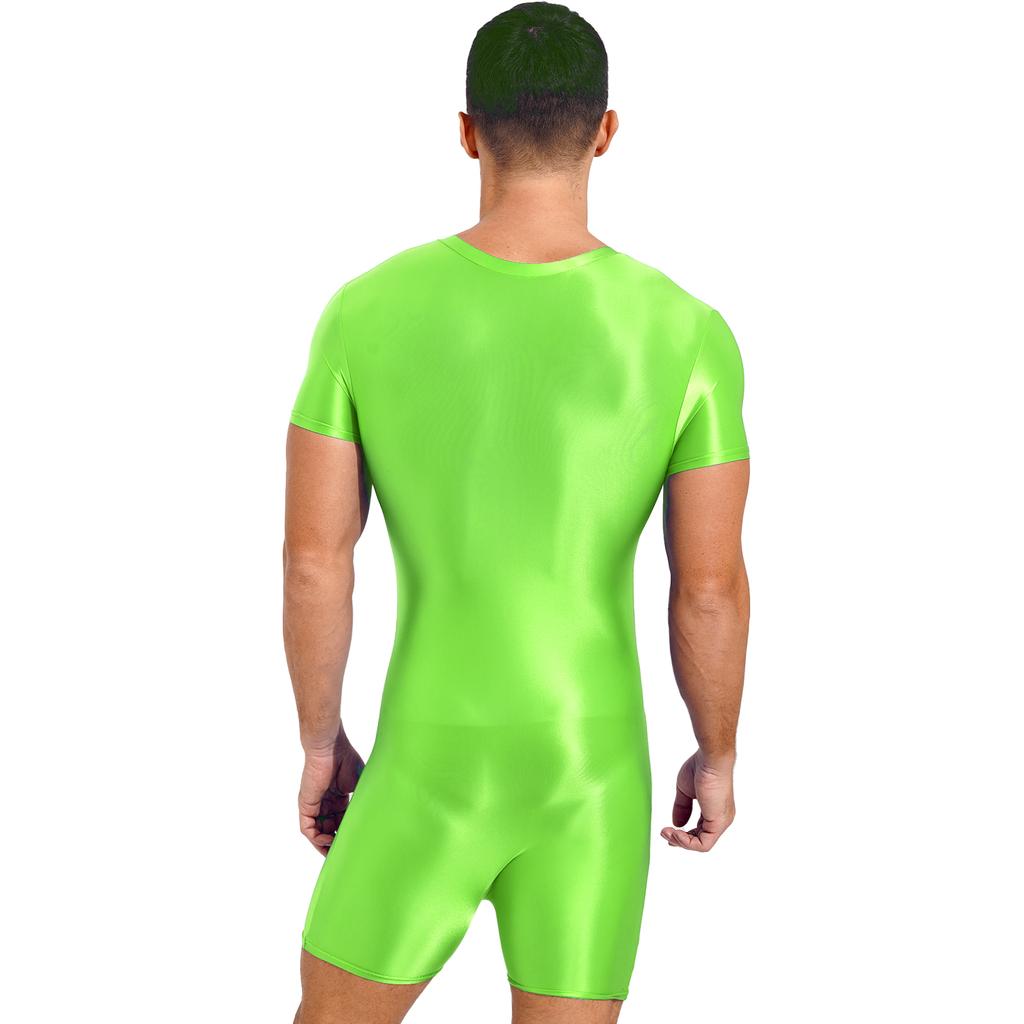 Herren Kurzarm Reißverschluss Jumpsuit Glänzend Dehnbar Rundhals Einteiler Badeanzug
