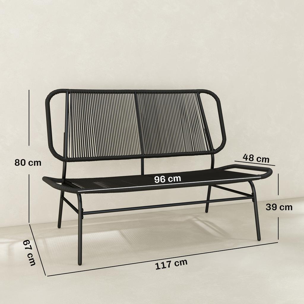 2 Seater Rattan Bench With Woven Seat And Backrest Steel Frame 240 Kg Load Capacity Black