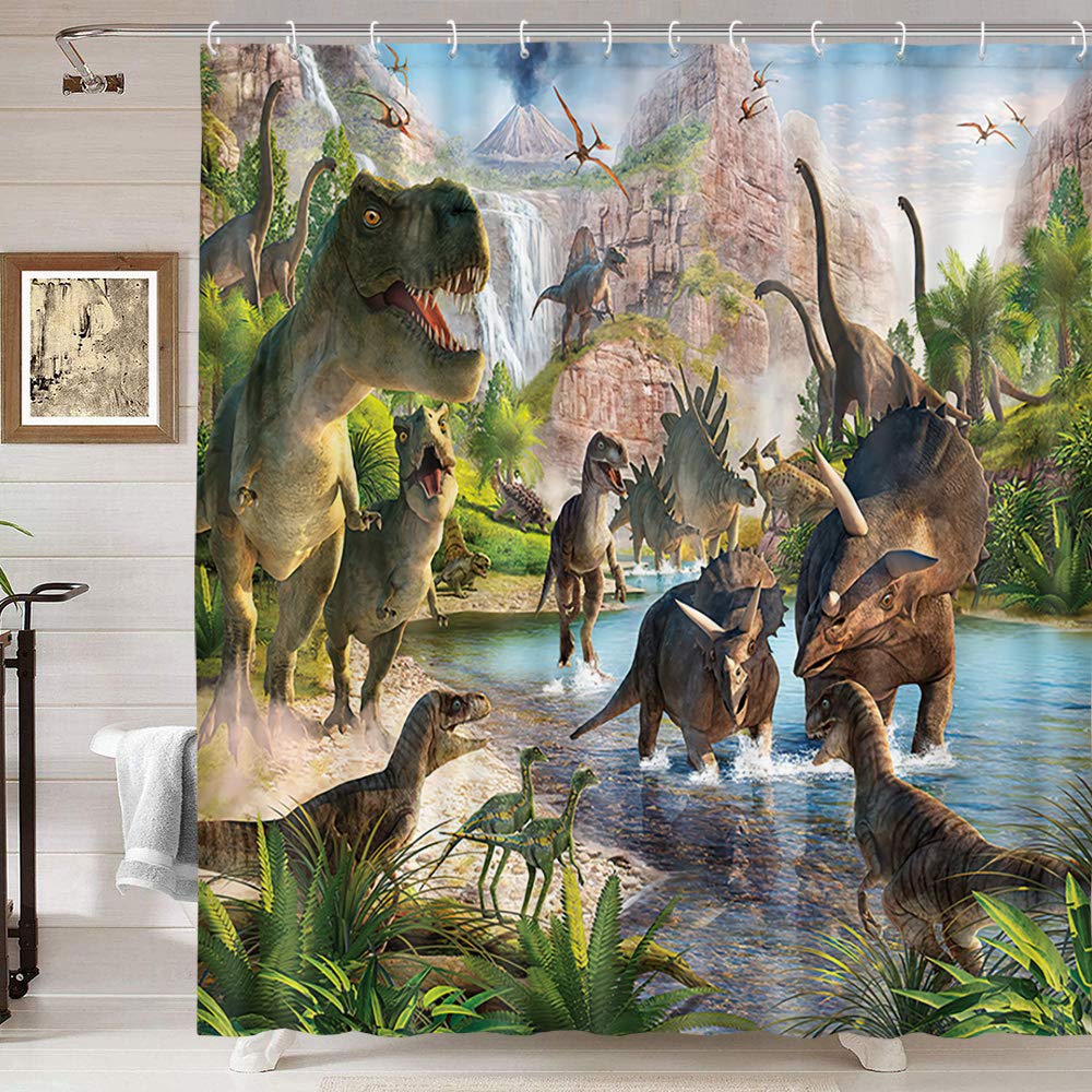 Dinosaur Shower Curtain For Bathroom, Funny Jurassic Dino World Park Shower Curtain Sets Bathtub Decor With Hooks Waterproof