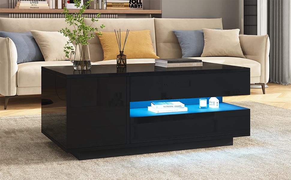 Mesa de centro elevable de 95*50*40 cm con 1 cajón, 1 armario, LED, Alto brillo, Almacenamiento oculto, Almacenamiento semiabierto, Negro