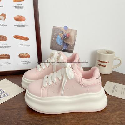Dámské Růžové Tenisky Sponge Cake - Silná Podrážka, Elegantní Podzim 2025 Niche Chleba Sportovní Boty v Bílé