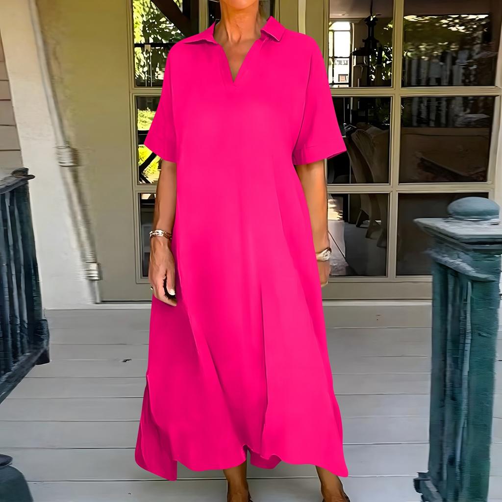 Dámské módní jednobarevné ležérní volné šaty s krátkým rukávem, klopou a širokou sukní