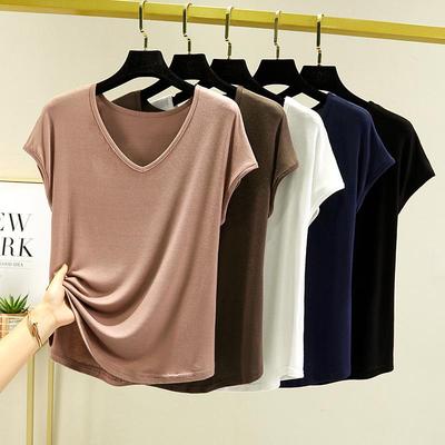 Damen V-Ausschnitt Modal Kurzarm Top - Lässig, Lockere Passform, Übergröße, Unifarben