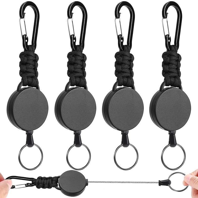 

[Vencede] reel keychain Elastic reel type key reel With carabiner super lightweight For hanging name tags set of 4 black