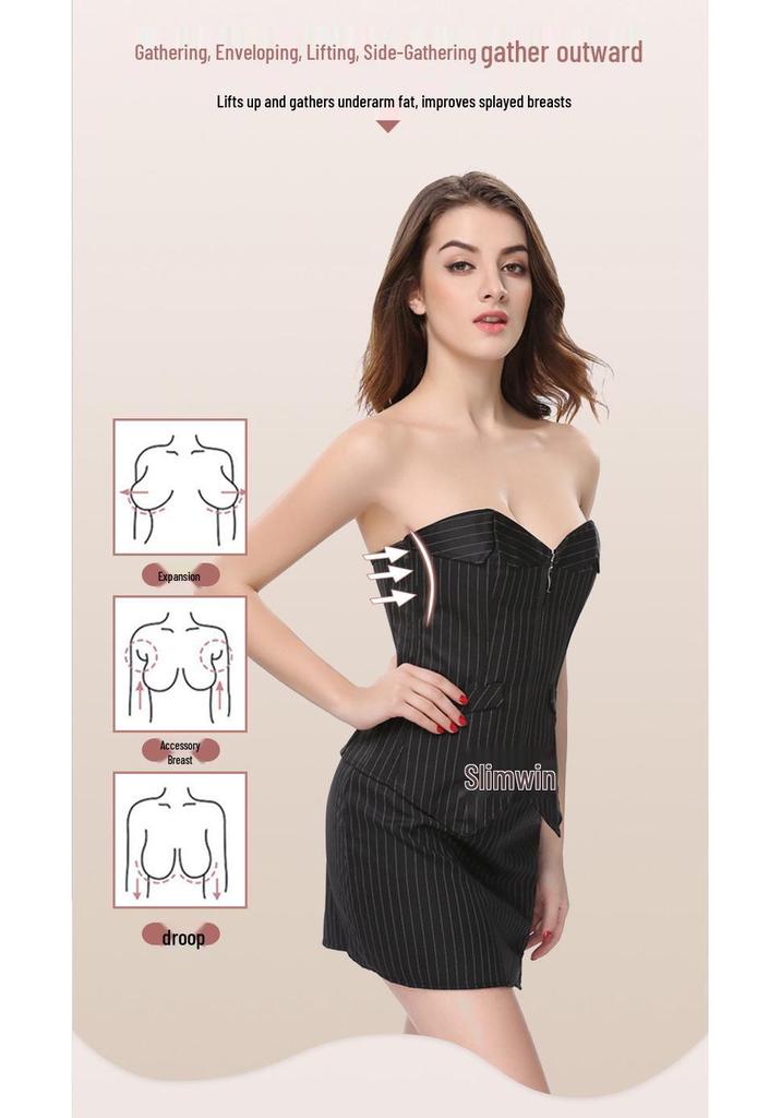 European & American Black Striped Corset Waist Slimming Shapewear with Zipper Bust Support - Tight-fitting Professional Suit.