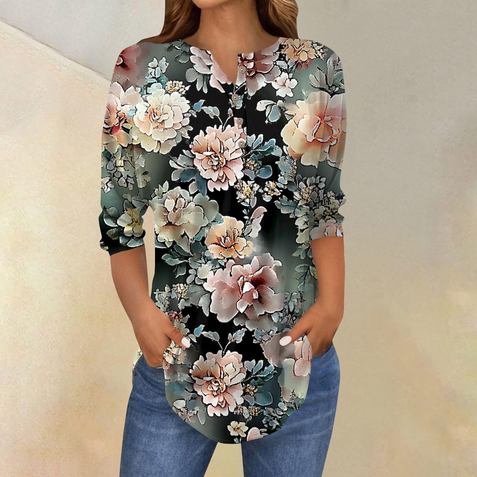

Женская свободная футболка с воротником на пуговицах и винтажным цветочным принтом, рукав три четверти L чёрный