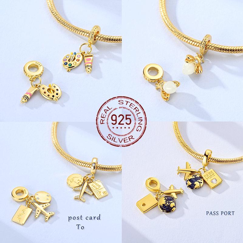 925 Silver Golden Series Charms Bead with CZ Zircon Whale Butterfly Sun Pendant for DIY Fashion Jewelry Bracelet