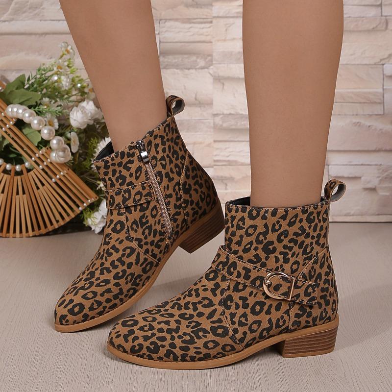 Fashion Women's Fashion Chunky Cotton Boots Winter New Round Head Suede Leopard Print Side Zipper Non-slip Short Boots