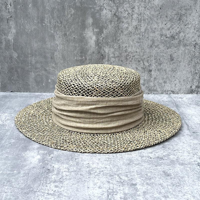French Retro Salted Seaweed Hollow Woven Large Brim Flat Top Top Hat Men'S And Women'S Summer Outing Shading Straw Hat