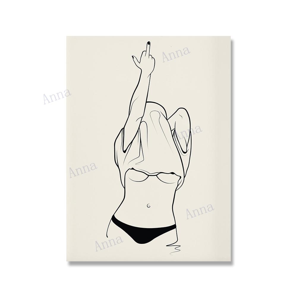 Fashion Black White Poster Sexy Middle Finger Line Feminist Canvas Painting Wall Art Woman Pictures Living Room Decor