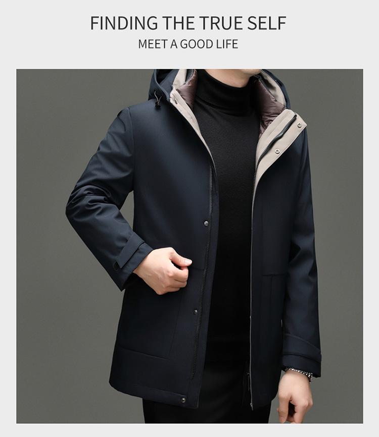 Men's Fashionable Hooded Winter Jacket with Detachable Liner - 90% Duck Down, Cold-Resistant, Ideal for Middle-Aged