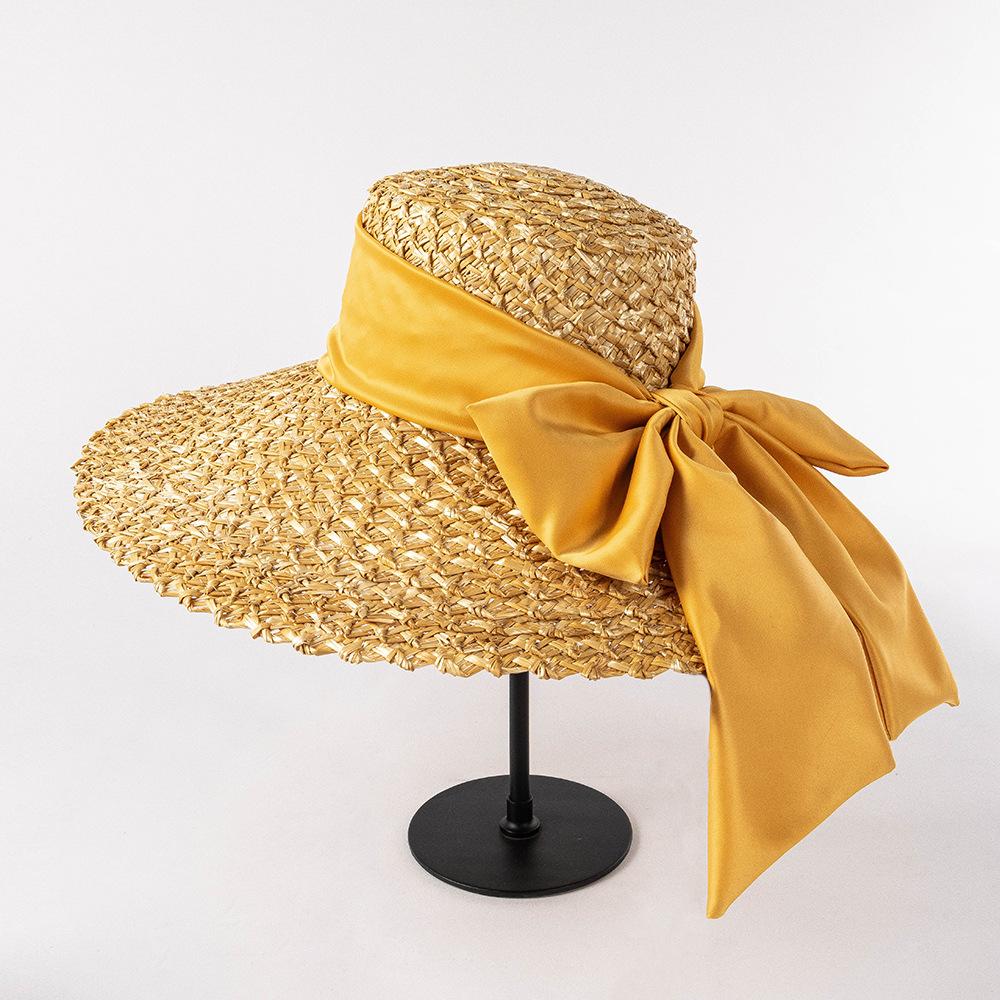 Spring Summer Fashion Hand-woven Petal Straw Hat with Big Brim and Big Bow for Ladies Beach Outdoor Sun Hat