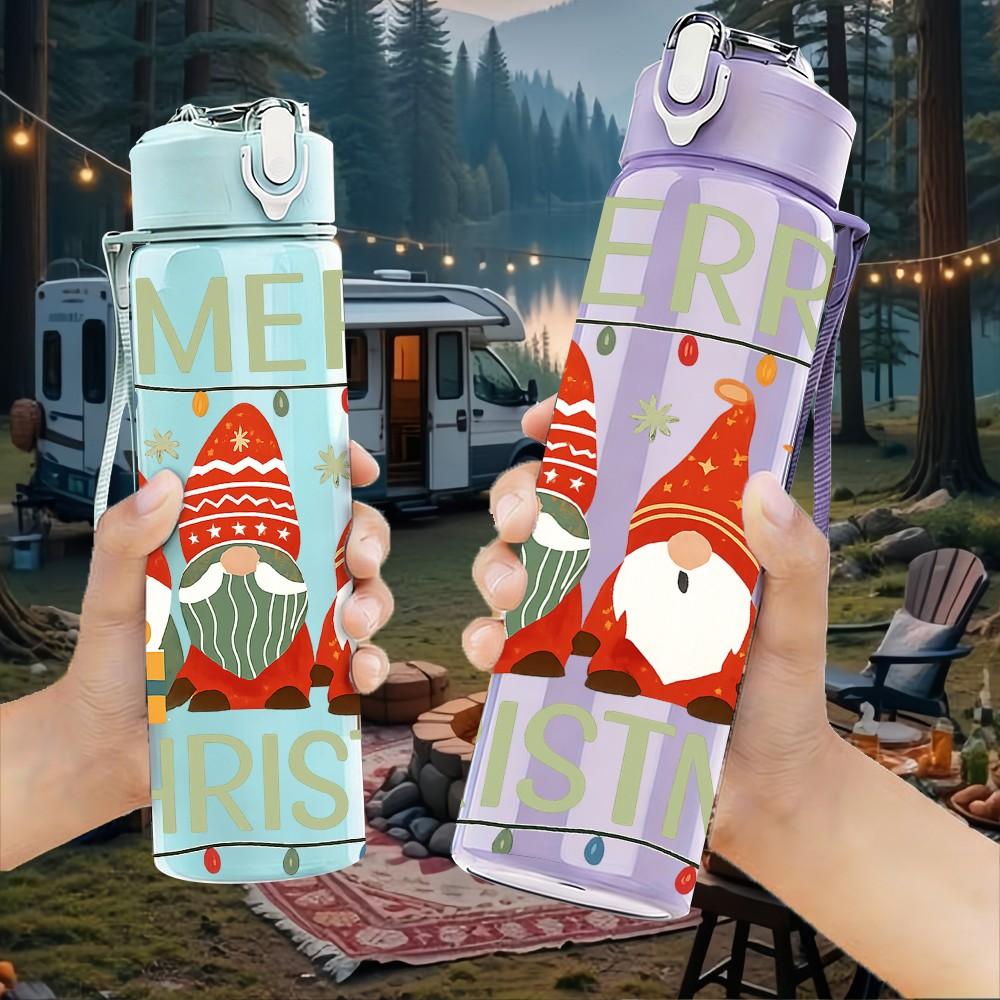 1PC Three Gnomes Merry Christmas Art 750ml Color Plastic Sports Water Bottle Leakproof Flip Straw Lid Suitable for Sports Office Home Use