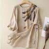 Plus Size Women Loose Cotton Linen Short Sleeve T-shirts Vintage Feather Print Thin Summer Tops Crew Neck Tshirts