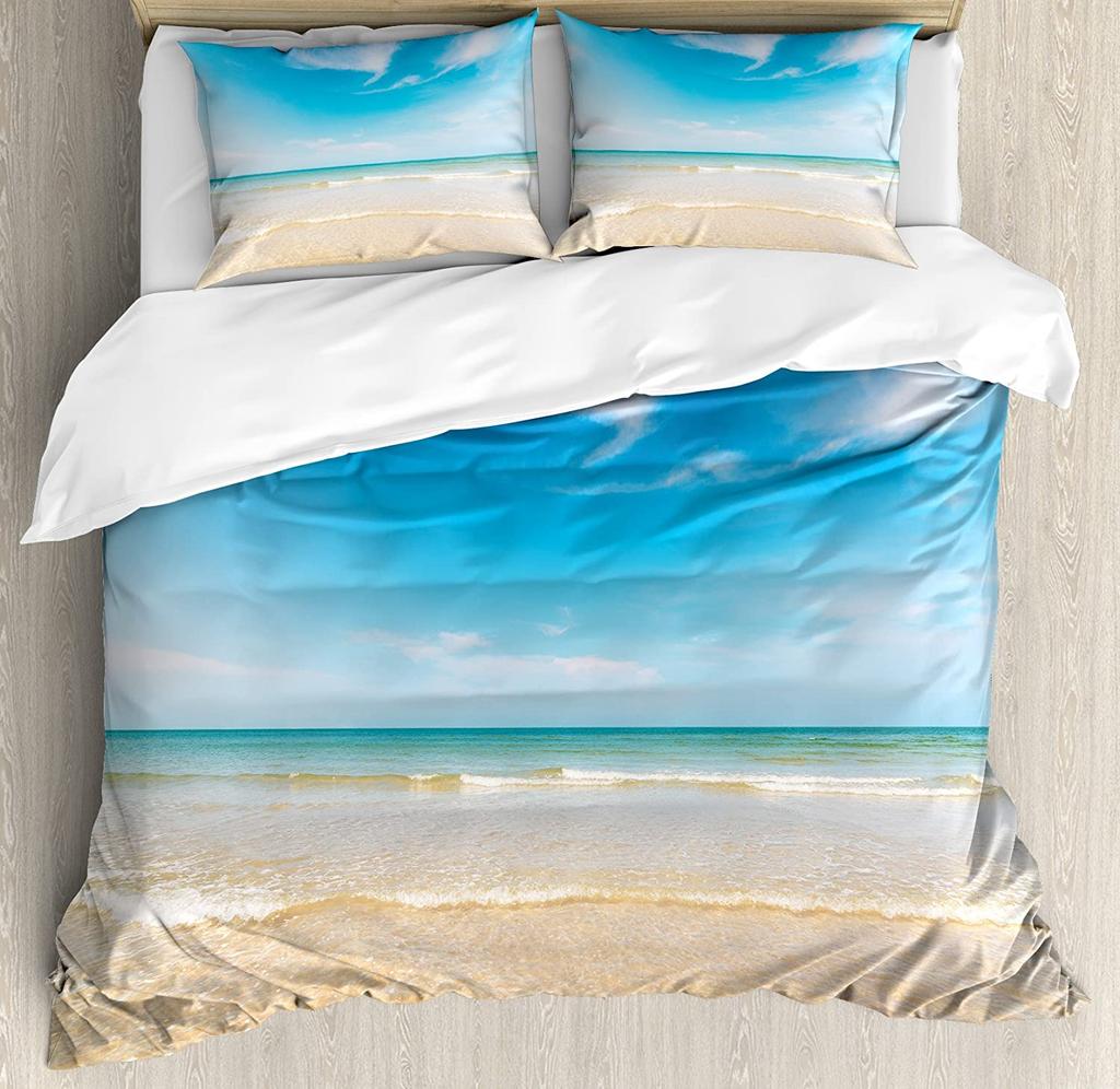 Beach Sea Starfish Shells Green 3pcs Bedding Set For Bedroom Double Bed Home Textile Duvet Cover Quilt Cover Pillowcase