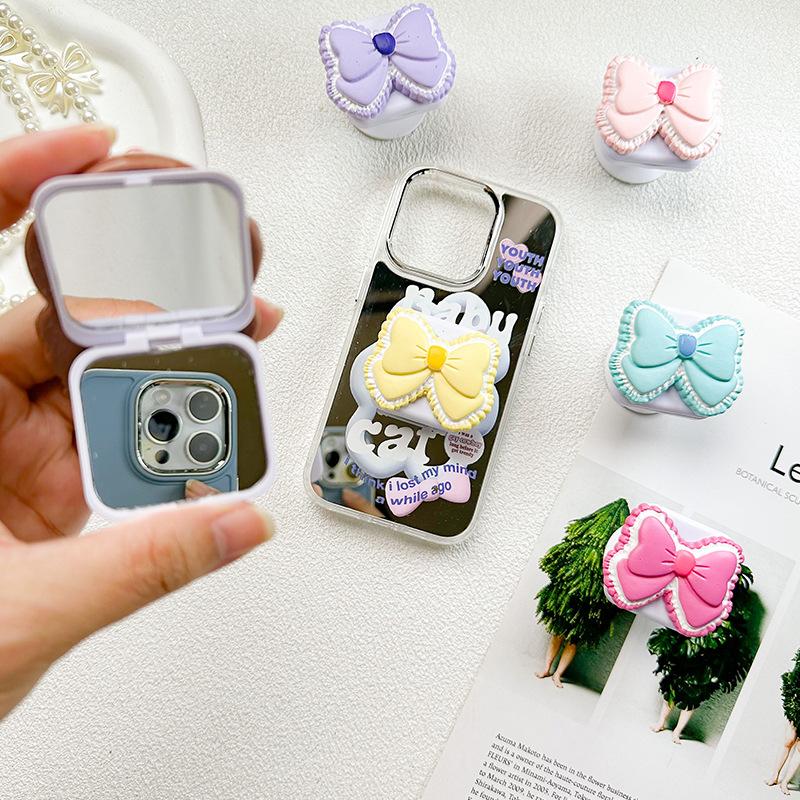 Small Fresh Bow Mobile Phone Mirror Sticker Airbag Bracket Flap Back Sticker Telescopic Portable Makeup Mirror