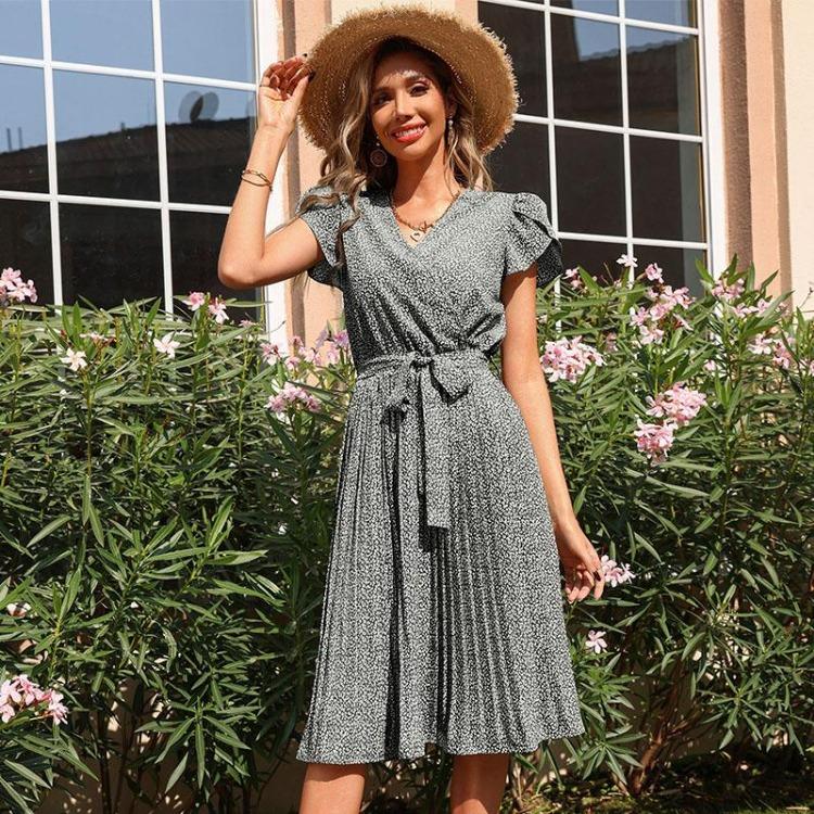 Chic Women Summer Green V Neck Long Sleeve Lace Up Pleated A Line Print Dress
