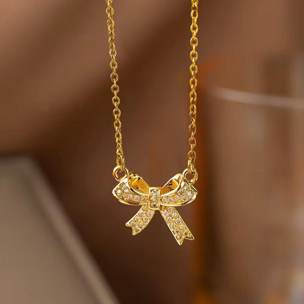 FTCY Exquisite Copper Inlaid Zirconia Bow Pendant Necklace For Women Fashion Simple Stainless Steel Clavicle Chain Jewelry Gift