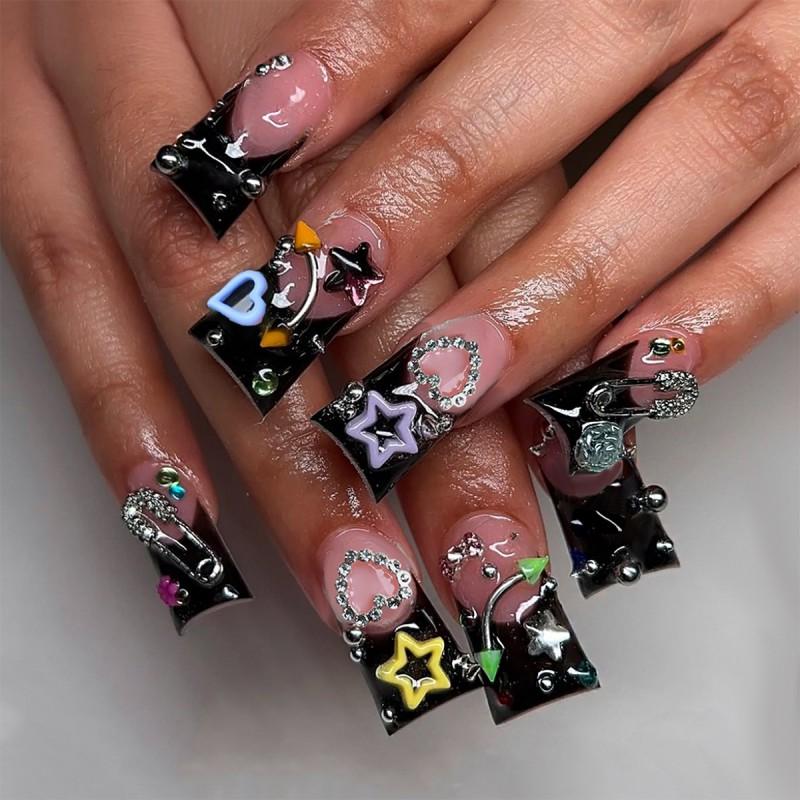 Removable Press-On Nails With Metal Charm French Tip Design Women Long Style Black Base Floral Heart Star Patterns Black