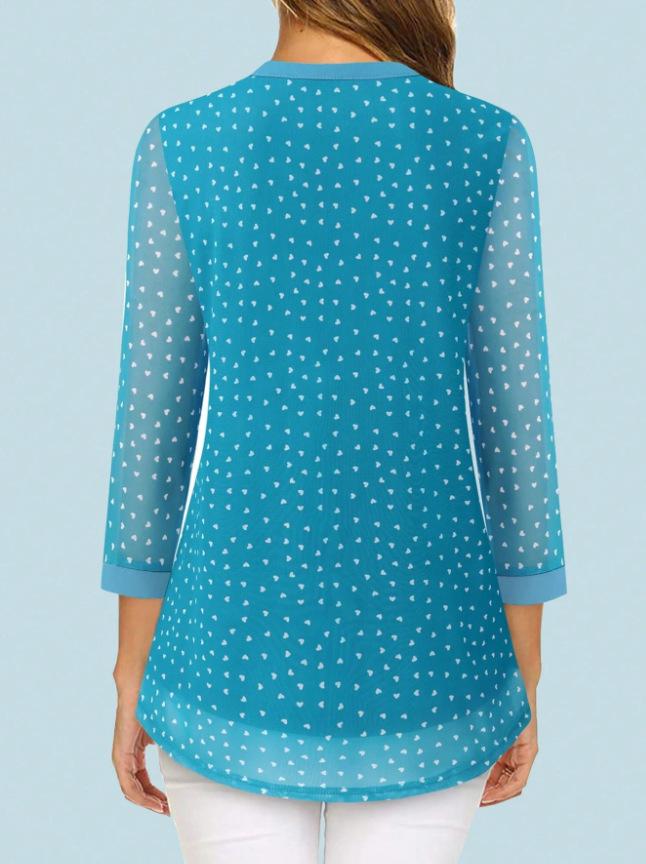 Women's European & American V-neck 3/4 Sleeve Printed Chiffon Loose Plus Size Top