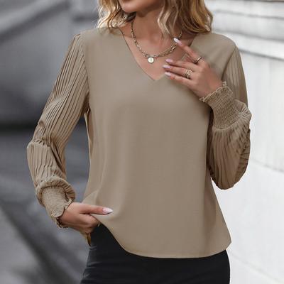Kadın Sonbahar İlkbahar Moda Fener Kol V Yaka Düz Renk Tişört Bluz Üst