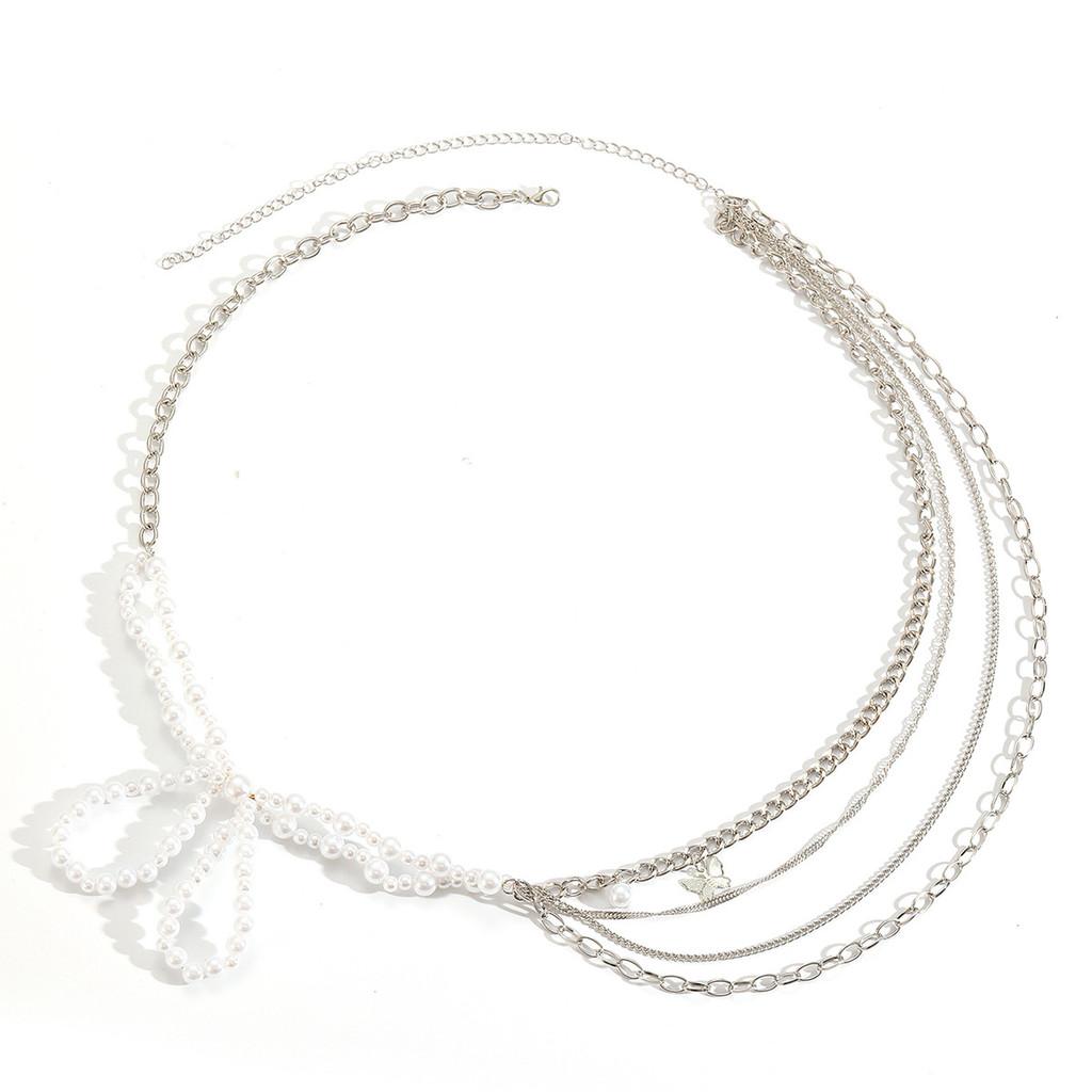 

Artificial Pearl Waist Chain Jewelry With Layered Design And Bow Buckle For Women