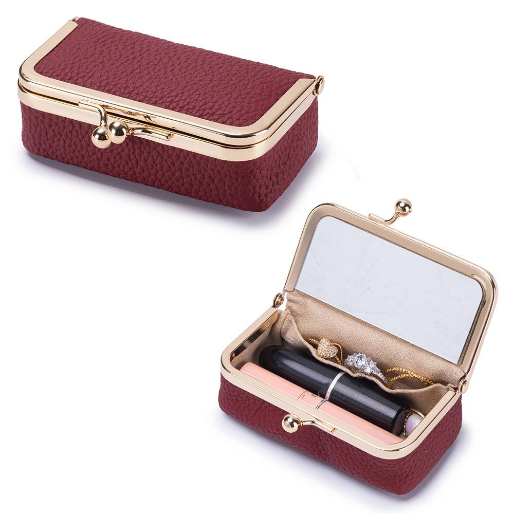 

with Makeup Mirror Leather Jewelry Bag Portable Kiss Lock Coin Purse Makeup Bag Jewelry Storage темно-червоний колір