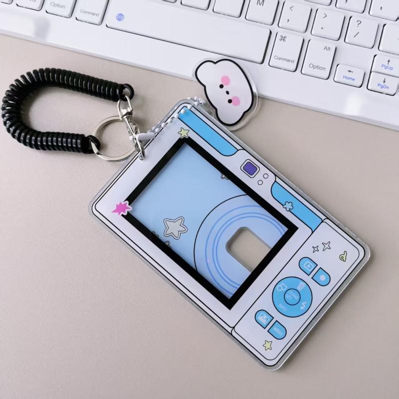 1Pcs Cute Camera Shaped Acrylic Photocard Holder With Coil Lanyard Clear Window Anti Drop Design For Kpop Fans Collecting Idol