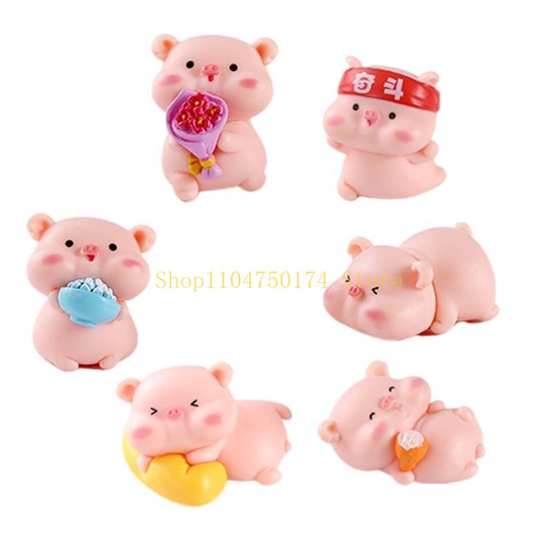 Pack of 6 Cartoon Pink Pig Statues Miniatures for Car Dashboard and Home Decors top sale